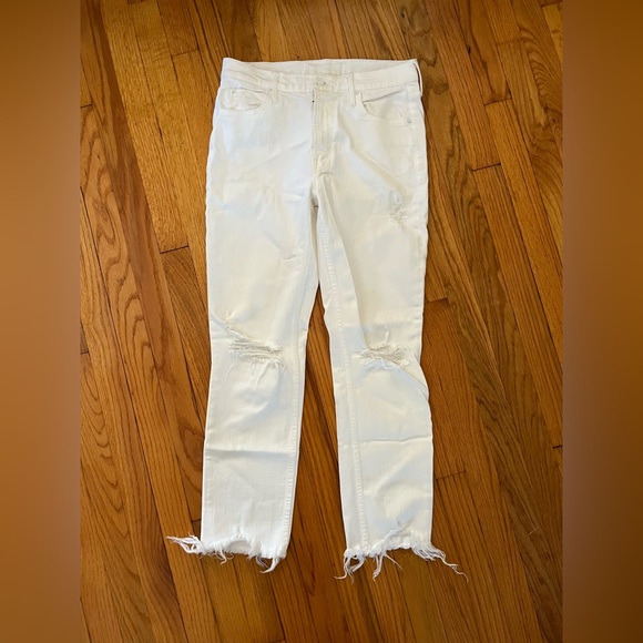 MOTHER Denim - MOTHER White Distressed Frayed-Hem Straight Jeans